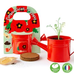 Mini regador vermelho com sementes de papoula