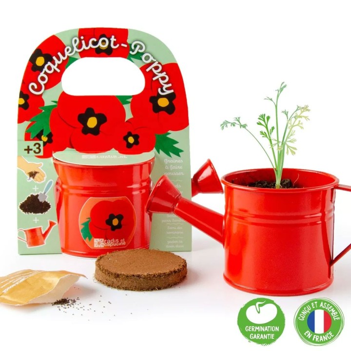 Mini regador vermelho com sementes de papoula