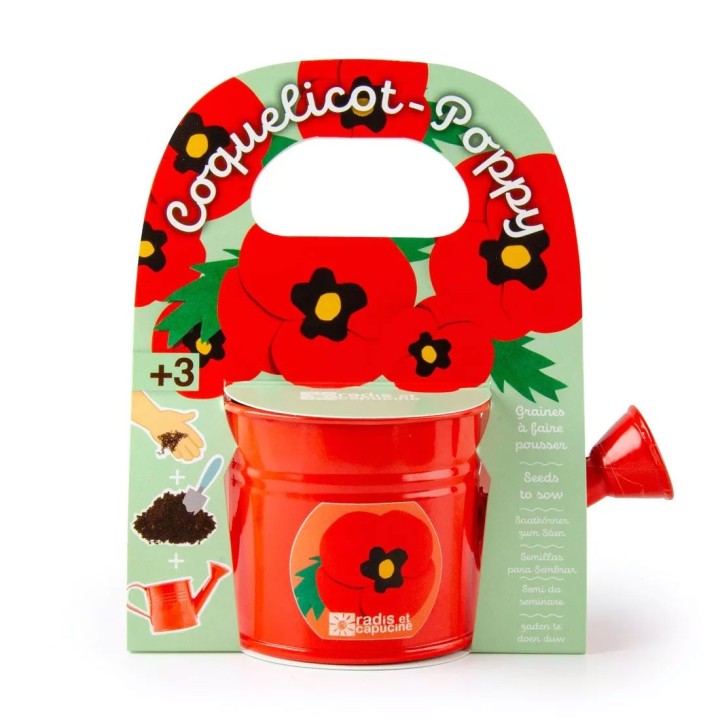 Mini regador vermelho com sementes de papoula
